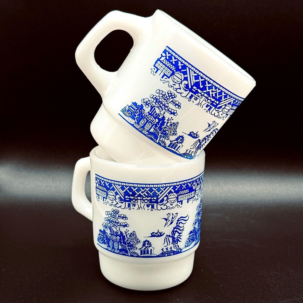 Fire King White Milk Glass Mugs with Blue Willow Pattern - Set of 2